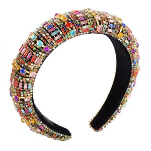 Rhinestone Headbands for Women Bling Jewelled Rainbow Crystal Beaded Padded Headband Baroque Bedazzled Hairband Fashion Velvet Wide Hair Hoop Accessorires For Wedding Party (Bar rhinestone headband)