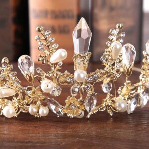 Bmirth Baroque Crown and Tiara Gold Crystal Pearl Bride Wedding Queen Crowns Decorative Princess Tiaras Rhinestone Hair Accessories for Women and Girls (A)