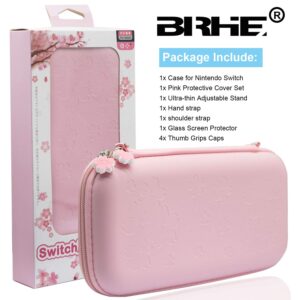 BRHE Cute Travel Carrying Case for Nintendo Switch Accessories Kit with Hard Protective Cover, Glass Screen Protector, Adjustable Stand and Thumb Grip Caps 10 in 1(Switch Pink)