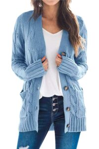 prettygarden women's open front cardigan sweaters fashion button down cable knit chunky outwear coats (blue,small)