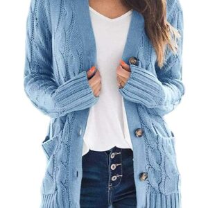 PRETTYGARDEN Women's Open Front Cardigan Sweaters Fashion Button Down Cable Knit Chunky Outwear Coats (Blue,Small)