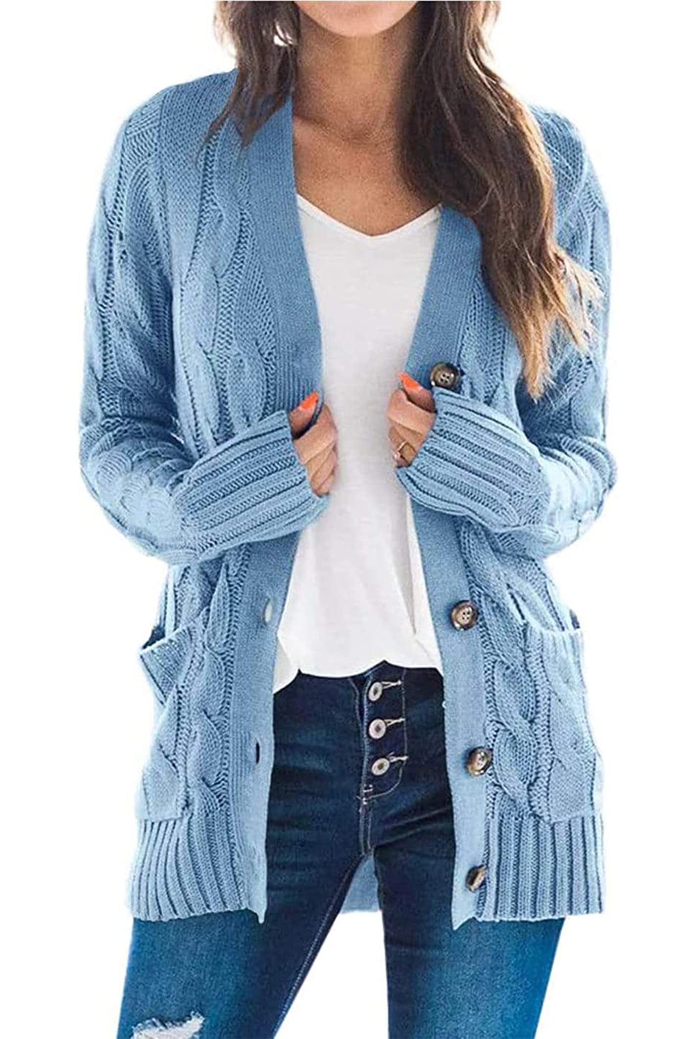 PRETTYGARDEN Women's Open Front Cardigan Sweaters Fashion Button Down Cable Knit Chunky Outwear Coats (Blue,Small)