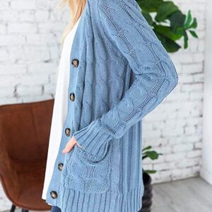 PRETTYGARDEN Women's Open Front Cardigan Sweaters Fashion Button Down Cable Knit Chunky Outwear Coats (Blue,Small)