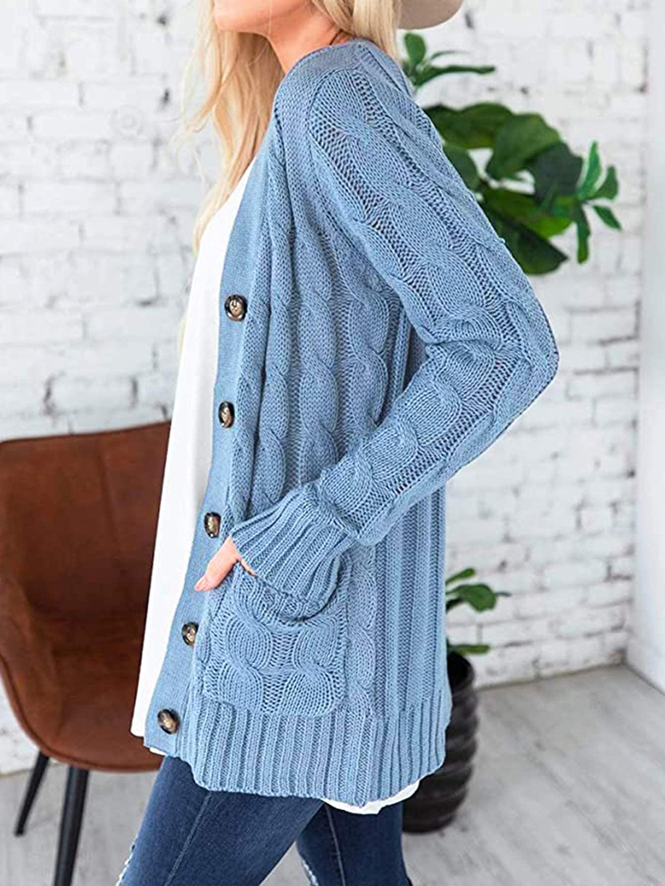 PRETTYGARDEN Women's Open Front Cardigan Sweaters Fashion Button Down Cable Knit Chunky Outwear Coats (Blue,Small)