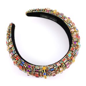 Rhinestone Headbands for Women Bling Jewelled Rainbow Crystal Beaded Padded Headband Baroque Bedazzled Hairband Fashion Velvet Wide Hair Hoop Accessorires For Wedding Party (Bar rhinestone headband)