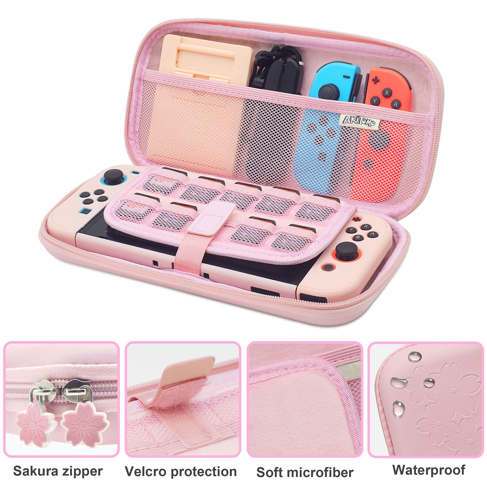 BRHE Cute Travel Carrying Case for Nintendo Switch Accessories Kit with Hard Protective Cover, Glass Screen Protector, Adjustable Stand and Thumb Grip Caps 10 in 1(Switch Pink)