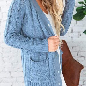 PRETTYGARDEN Women's Open Front Cardigan Sweaters Fashion Button Down Cable Knit Chunky Outwear Coats (Blue,Small)