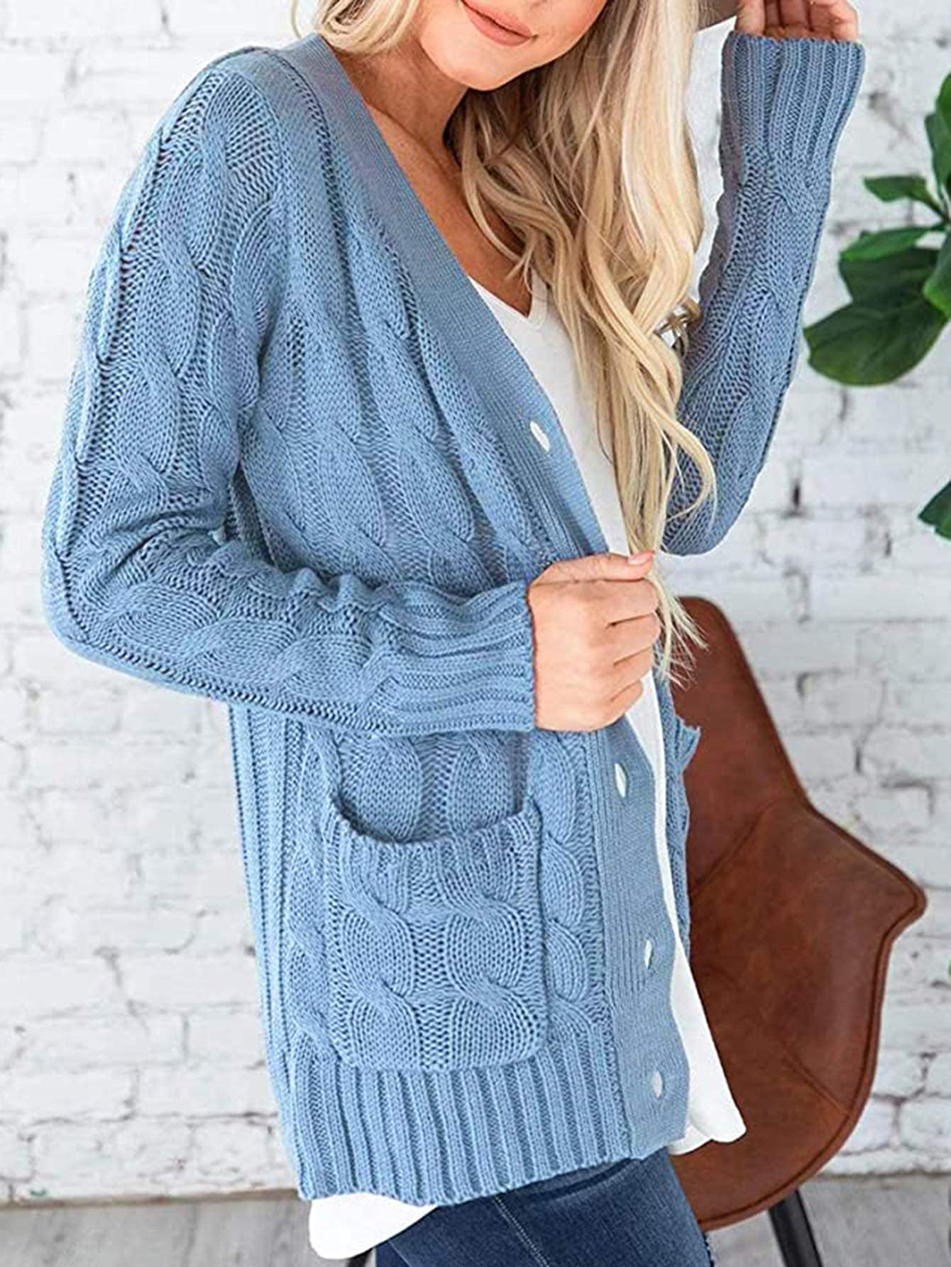 PRETTYGARDEN Women's Open Front Cardigan Sweaters Fashion Button Down Cable Knit Chunky Outwear Coats (Blue,Small)