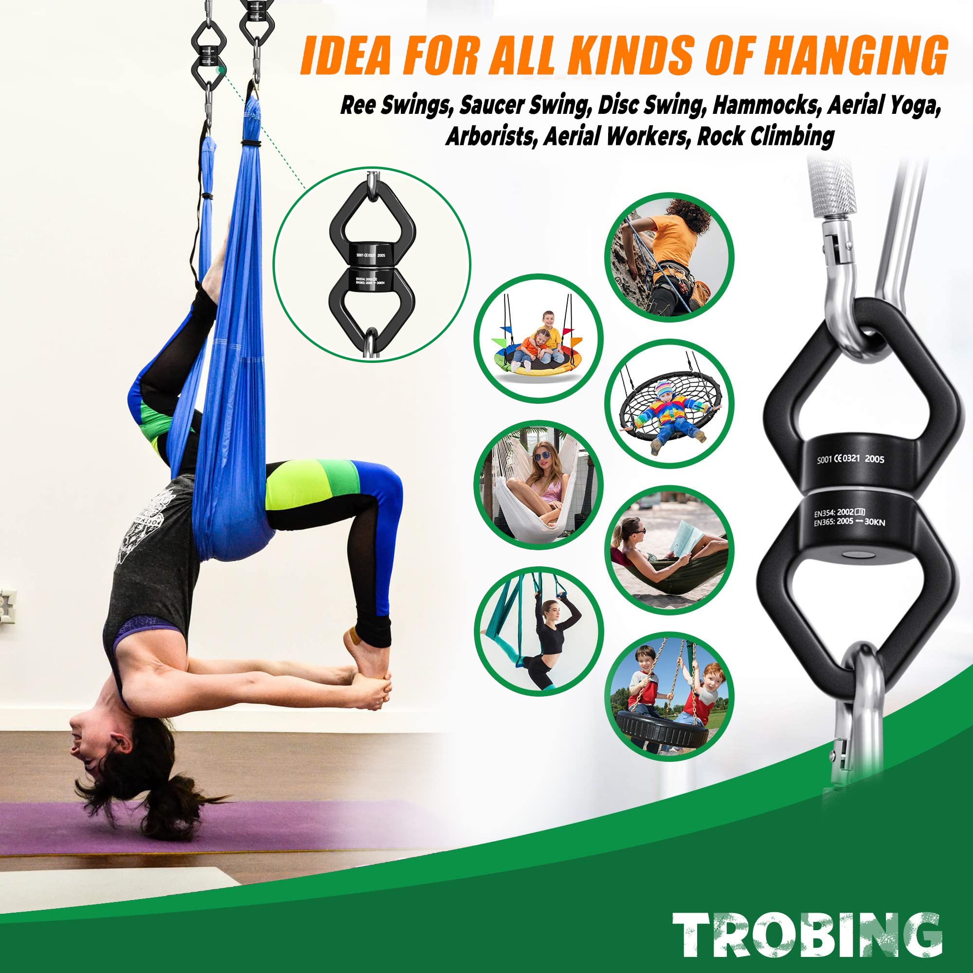 Trobing Swing Swivel, 30KN Rotational Safety Device, 360° Rotator with Hanging Accessory for Aerial Yoga, Hanging Hammock, Web Tree Swing, Swing Spinner and Rock Climbing, Indoor and Outdoor