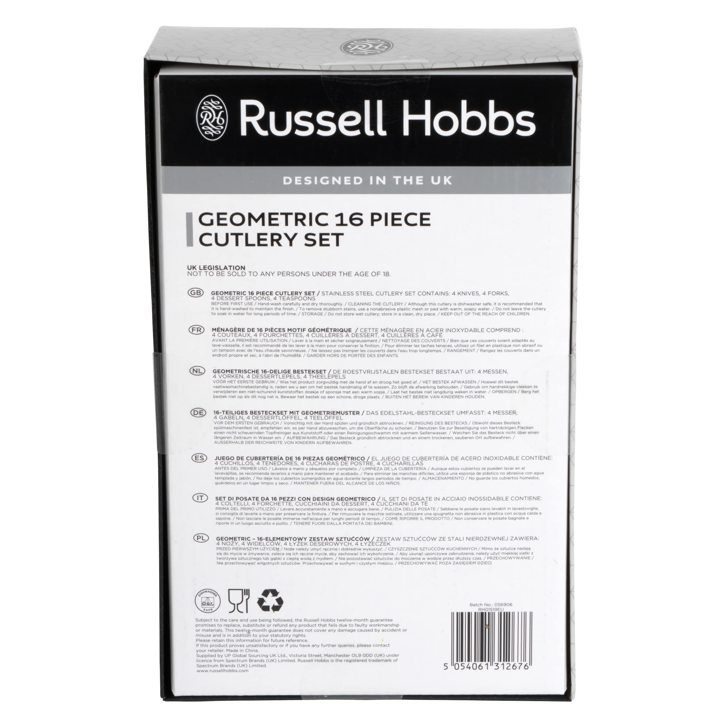 Russell Hobbs RH01519EU 16 Piece Rhombus Cutlery Set, Stainless Steel, Set for 4, Geometric Handle Design, Perfect for Students, Families & New Homeowners