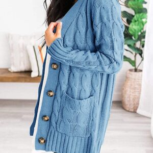 PRETTYGARDEN Women's Open Front Cardigan Sweaters Fashion Button Down Cable Knit Chunky Outwear Coats (Blue,Small)