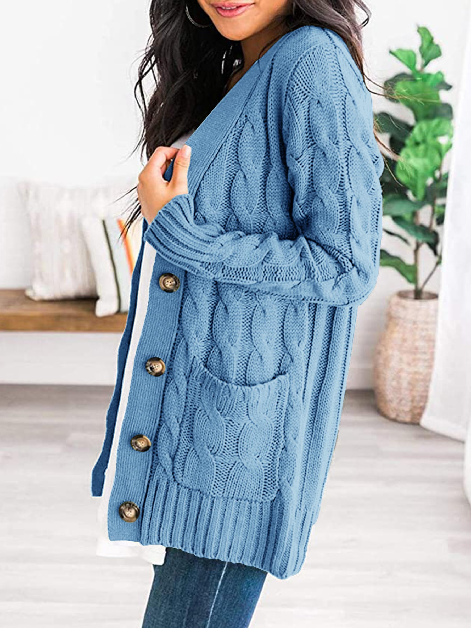 PRETTYGARDEN Women's Open Front Cardigan Sweaters Fashion Button Down Cable Knit Chunky Outwear Coats (Blue,Small)