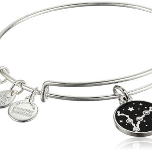 Alex and Ani Zodiac Expandable Bangle for Women, Pisces Charm, Black Epoxy and Crystals, Shiny Silver Finish, 2 to 3.5 in