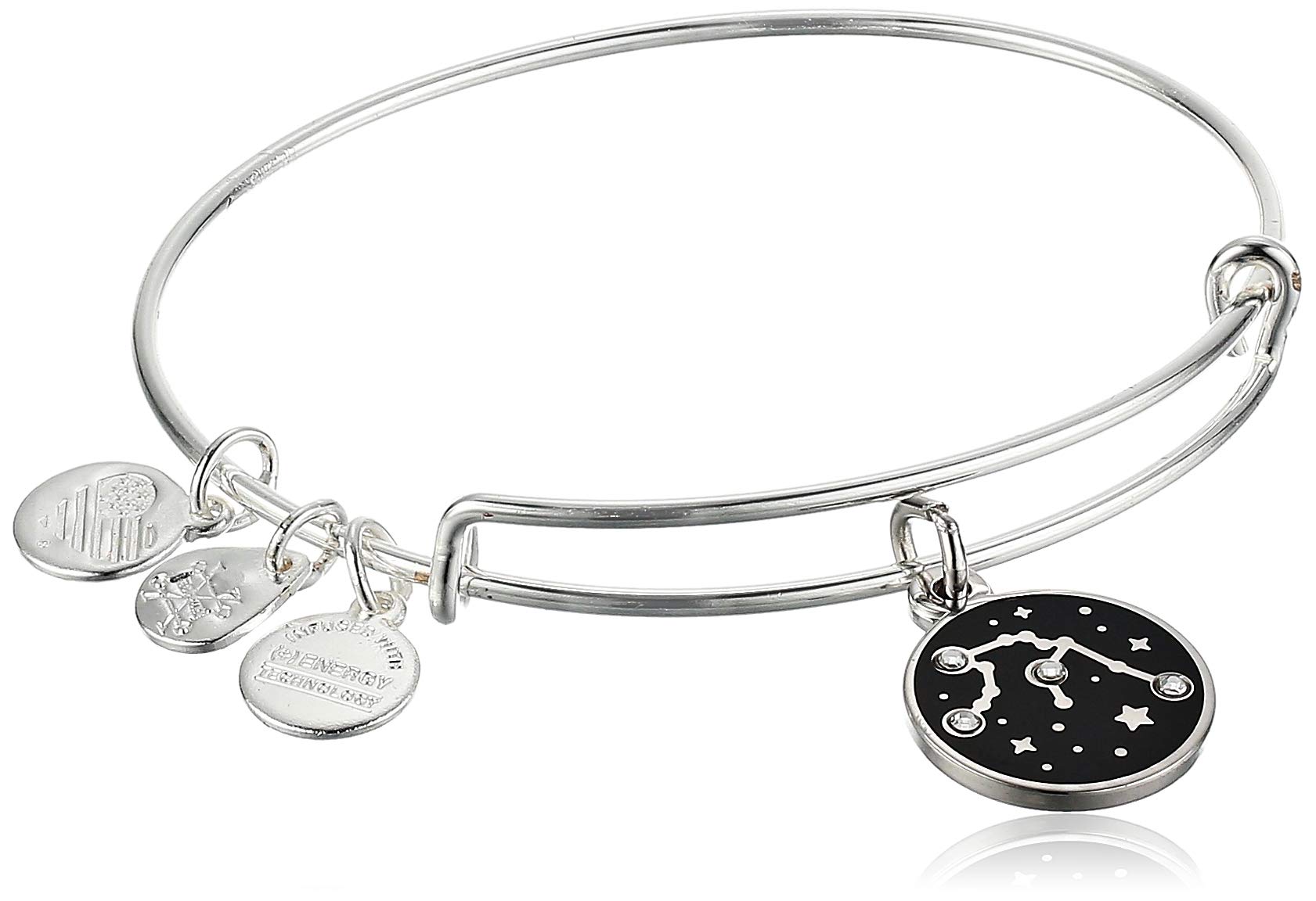 Alex and Ani Zodiac Expandable Bangle for Women, Aquarius Charm, Black Epoxy and Crystals, Shiny Silver Finish, 2 to 3.5 in