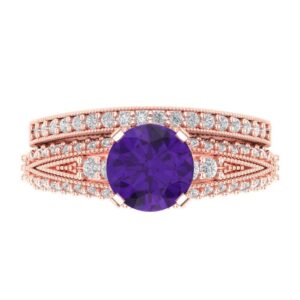 Clara Pucci 2.10ct Round Cut Solitaire Accent Natural Amethyst Engagement Promise Anniversary Bridal Ring Band set Real 14k Rose Gold 6.5