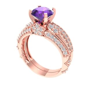 Clara Pucci 2.10ct Round Cut Solitaire Accent Natural Amethyst Engagement Promise Anniversary Bridal Ring Band set Real 14k Rose Gold 6.5