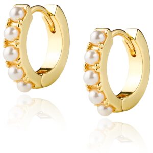 LAVLA Pearl Huggie Earrings | 14k Gold Plated or Silver Small Tiny Pearl Hoop Earrings For Women (Gold Pearl)