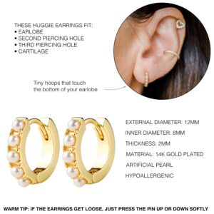 LAVLA Pearl Huggie Earrings | 14k Gold Plated or Silver Small Tiny Pearl Hoop Earrings For Women (Gold Pearl)