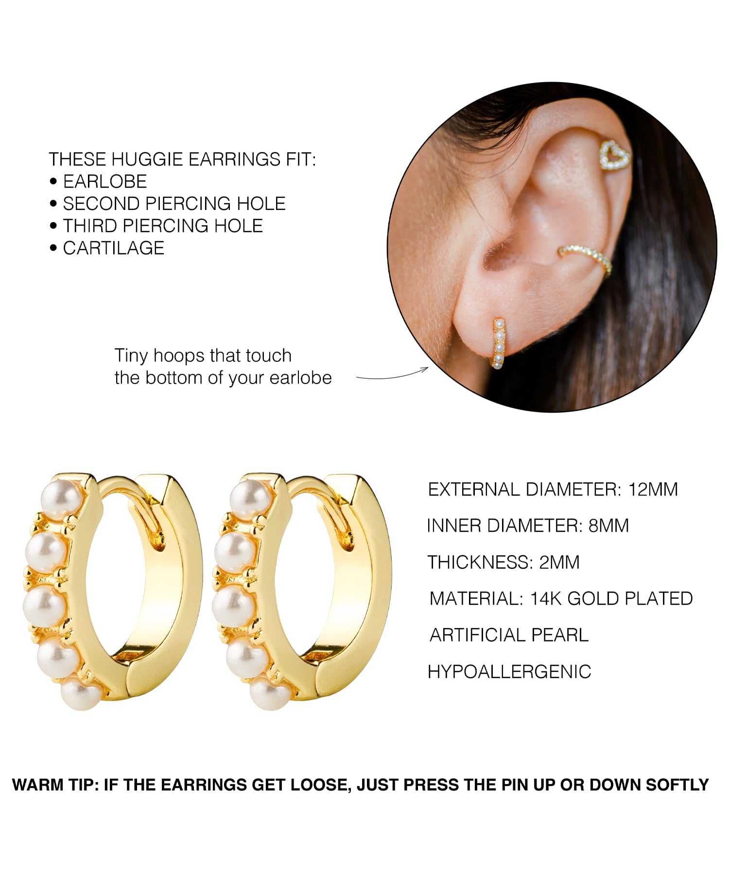 LAVLA Pearl Huggie Earrings | 14k Gold Plated or Silver Small Tiny Pearl Hoop Earrings For Women (Gold Pearl)