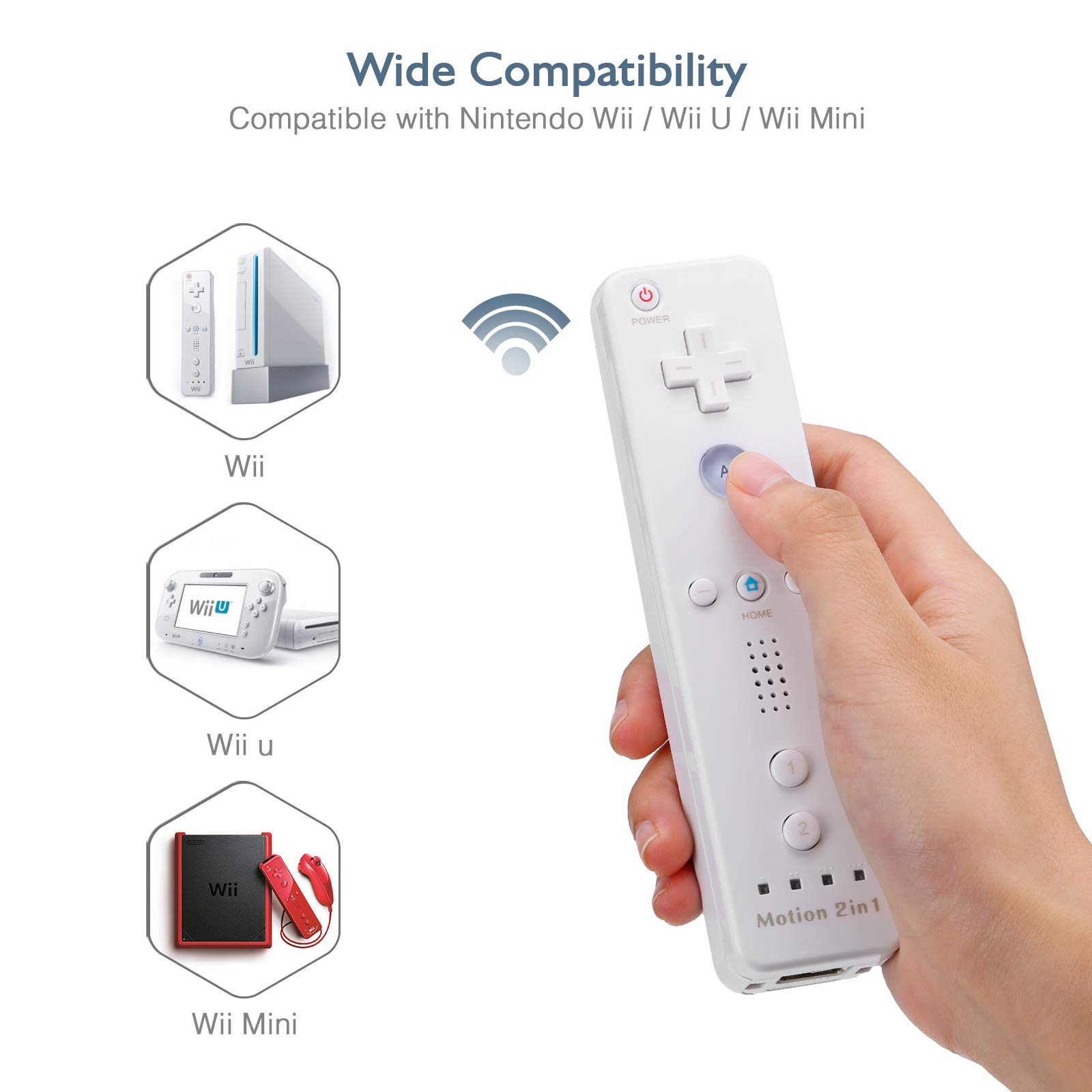 Wii Remote Controller, Wireless Wii U Motion Plus Remote Controller with Silicone Protective Case and Wrist Strap Compatible for Nintendo Wii and Wii U (1pc)