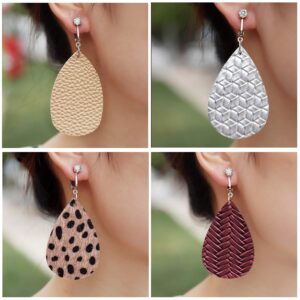 9 Pairs Faux Leather Clip on Earrings for Women Dangle- Long Teardrop Seashell Leather Clipon Earrings-Non Piercing Earrings Set for Women (#7)