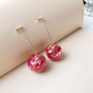 3D Dried Flower Red Cherry Drop Dangle Earrings Sweet Cute Stereo Fruit Jewelry for Women (Red)