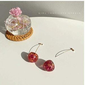 3D Dried Flower Red Cherry Drop Dangle Earrings Sweet Cute Stereo Fruit Jewelry for Women (Red)