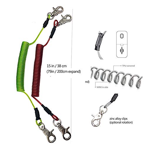 Fishing Coiled Lanyard, Heavy Duty Fishing Lanyard, Retractable Tool Lanyard, Fishing Tools Safety Rope Extension Cord Tether, with Carabiner, for Deep Sea Fishing, Rods, Kayak, Paddles - 2-Pcs