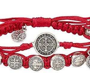 Red St Benedict Bracelet with Silver Toned Medals on Adjustable Double Strand Macrame Jewelry Accessory, 8 Inch