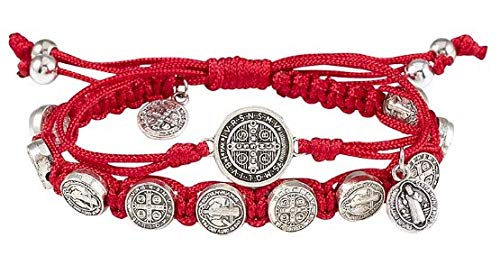 Red St Benedict Bracelet with Silver Toned Medals on Adjustable Double Strand Macrame Jewelry Accessory, 8 Inch