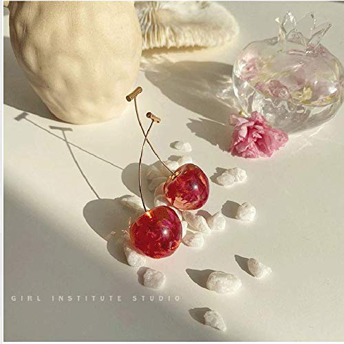 3D Dried Flower Red Cherry Drop Dangle Earrings Sweet Cute Stereo Fruit Jewelry for Women (Red)