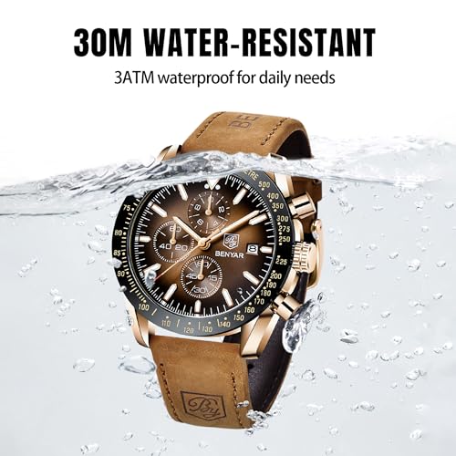 BY BENYAR Mens Watches Analog Quartz Chronograph Waterproof Brown Leather Men's Wrist Watches Business Work Casual Sport Classic Big Face Dress Watch Unique Elegant Gifts for Men