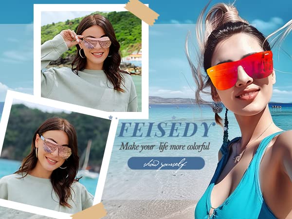 FEISEDY Mirrored Rimless Sunglasses One Piece Lens Reflective Sunglasses for Women Men B2647