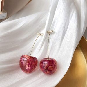 3D Dried Flower Red Cherry Drop Dangle Earrings Sweet Cute Stereo Fruit Jewelry for Women (Red)