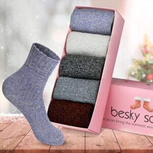 besky 5 Pairs Winter Wool Socks Women, Knit Thick Wool Soft Warm and Breathable Cozy Socks for Womens