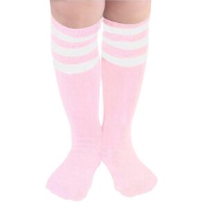 American Trends Kids Child Soccer Socks Stripes Knee High Tube Socks Cotton Uniform Sports Socks for Toddler Girls 1 Pack Pink White