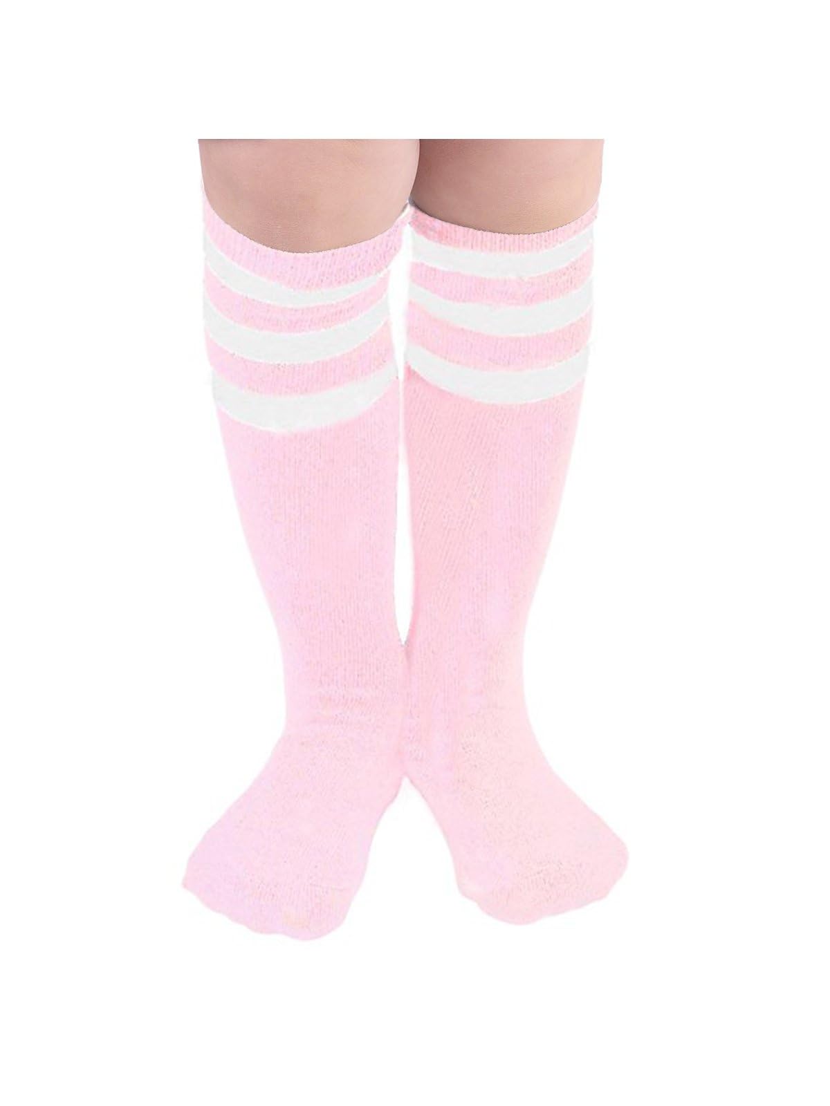 American Trends Kids Child Soccer Socks Stripes Knee High Tube Socks Cotton Uniform Sports Socks for Toddler Girls 1 Pack Pink White