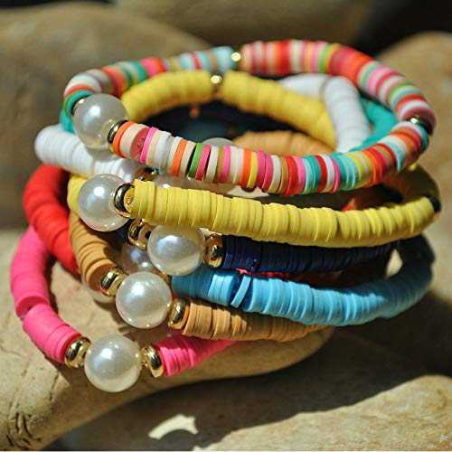 Pingyongchang 10 Pcs Friendship Bracelets Boho 6MM Beades Bracelet for Women Polymer Clay Rainbow Pearl Bracelet Elastic Rope Heishi Bracelet Set Summer Beach Jewelry