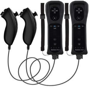 wii controller 2 pack, wii remotes with motion plus and nunchucks compatible with wii & wii u console, wireless remote come with silicone case and wrist strap (2 black)