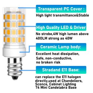 2-Pack E11 LED Bulb JD E11 Candelabra Light Bulb 4W Equivalent 40W Halogen Bulb T4 Edison Screw Candle Mini Candelabra Base,for Chandeliers, Sconce, Cabinet Lighting AC120V Warm White 3000K