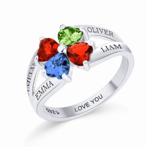 GLAMCARAT Personalized Sterling Silver Mothers Rings with 4 Birthstones Engraved Mom gift Anniversary Promise Rings fine jewelry for Women (sterling-silver)