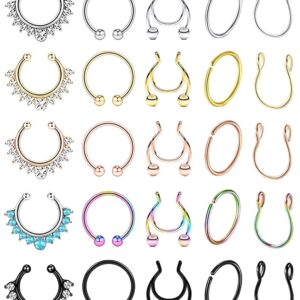 YOVORO 25Pcs Stainless Steel Fake Nose Ring Hoop for Men Women Faux Lip Ear Septum Ring Non-Pierced Body Jewelry XK