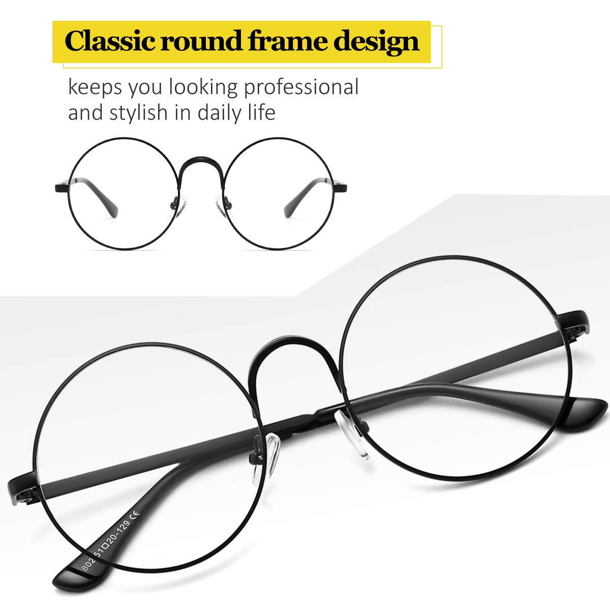 Votange Retro Round Metal Frames Glasses- Clear Lens, Black