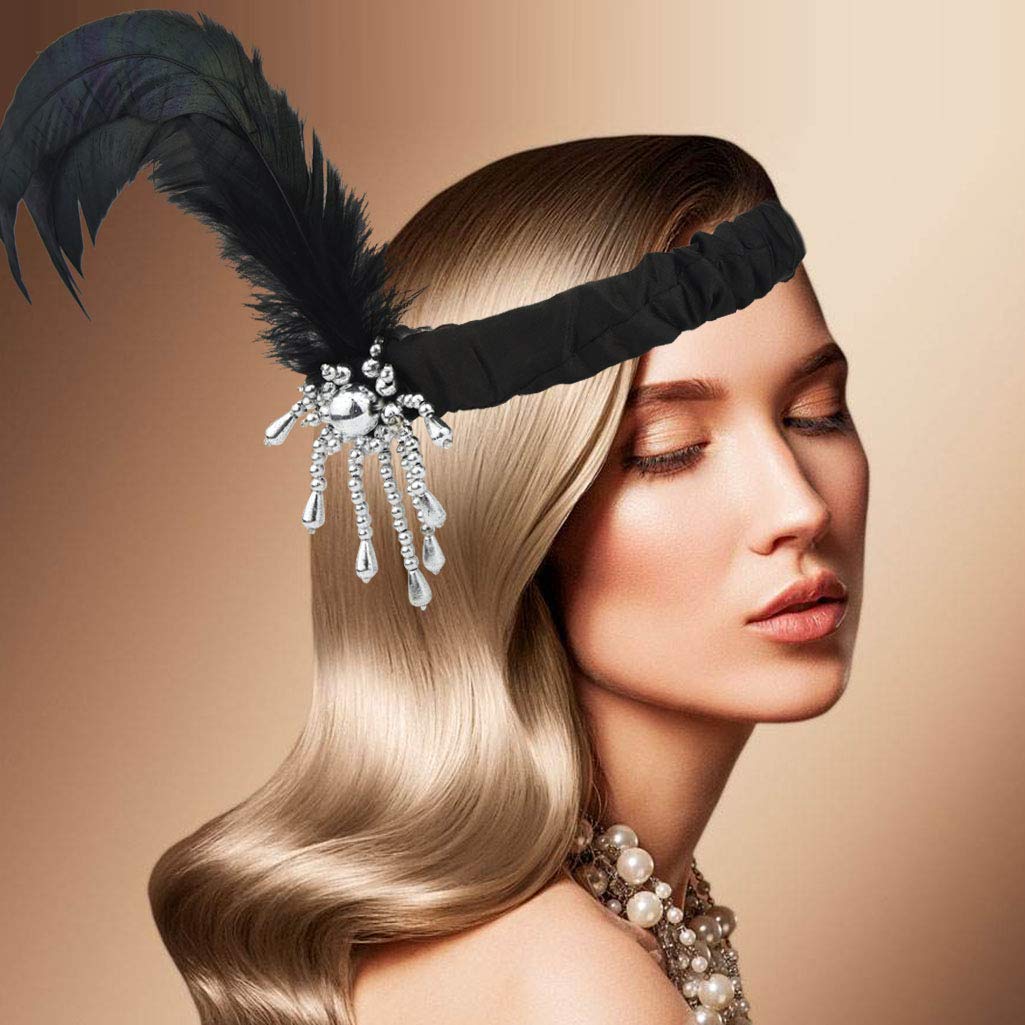 Tongcloud 12pcs 1920s Flapper Headband, Costume Flapper Headpiece for Women, Black Feather Headband, Great Gatsby 1920s Hair Accessory, Vintage Headpiece for Gatsby Theme Party (Black)