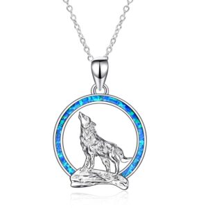 YFN Wolf Necklace Gifts for Men Women Sterling Silver Opal Moon Wolf Jewelry Birthday for Wolf Lover 18"