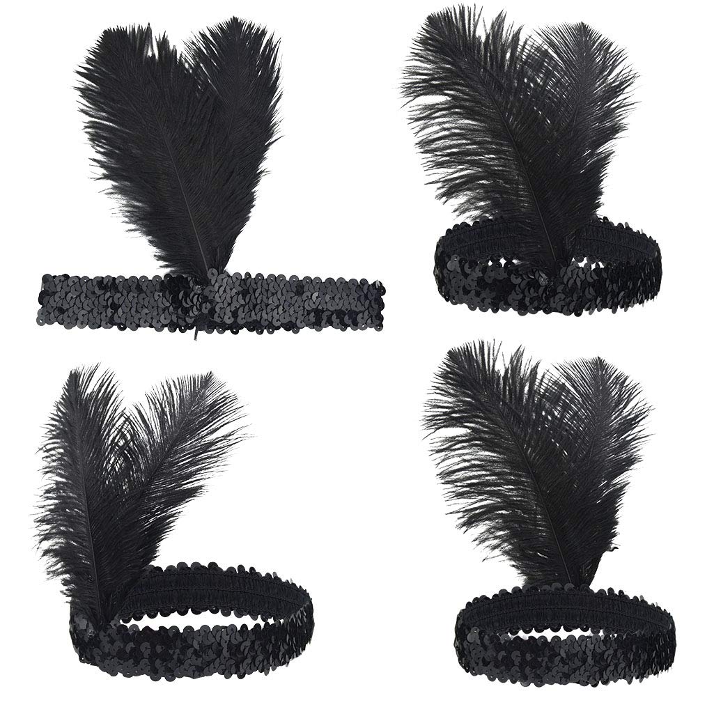 Tongcloud 12pcs 1920s Flapper Headband, Costume Flapper Headpiece for Women, Black Feather Headband, Great Gatsby 1920s Hair Accessory, Vintage Headpiece for Gatsby Theme Party (Black)