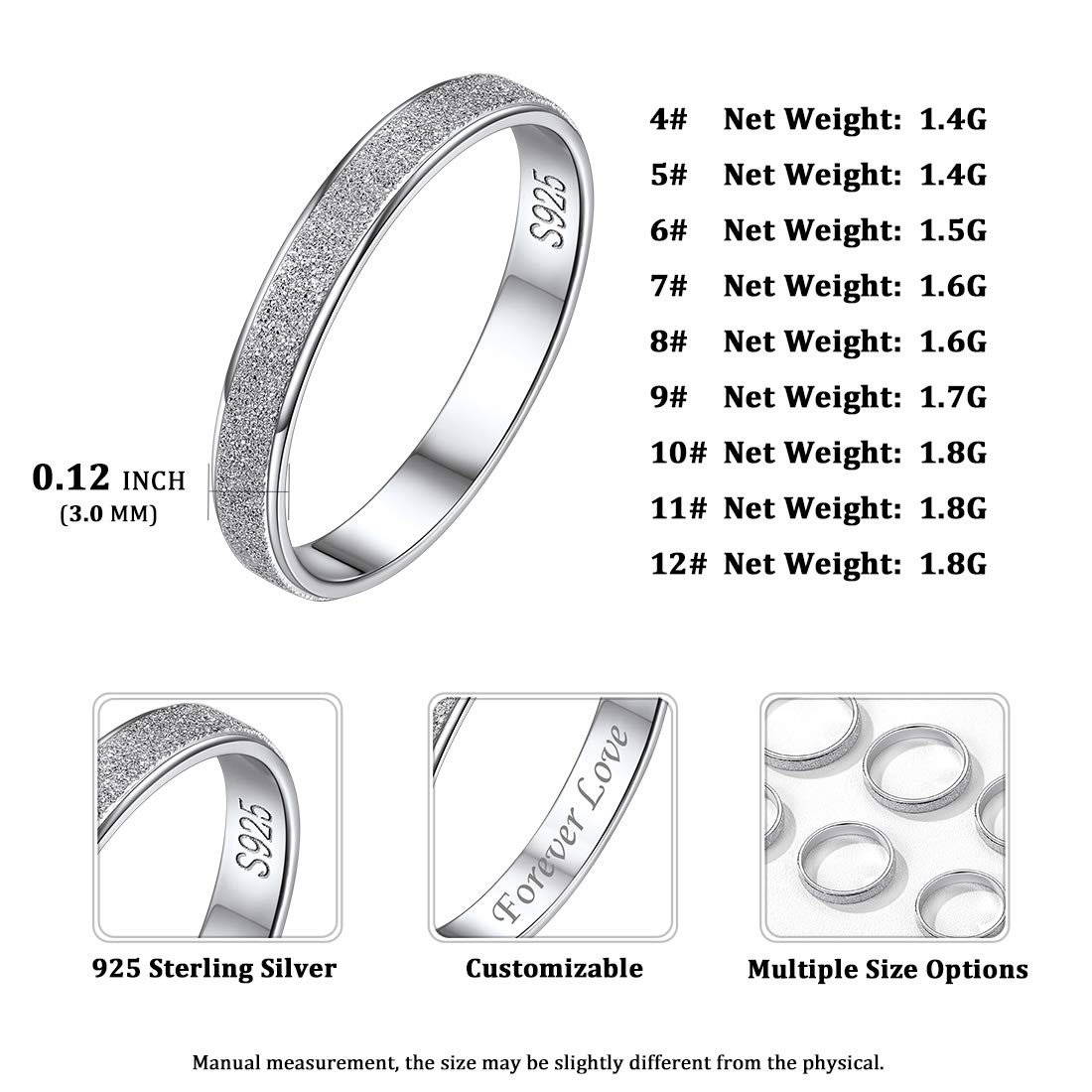 ChicSilver 925 Sterling Silver Sandblast Finish Rings Classic Simple Tarnish Resistant Comfort Fit Wedding Band 3mm Ring Size 10