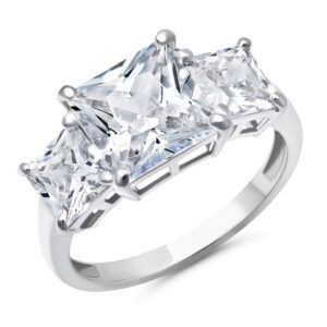 MAX + STONE 4 1/2 Carat Princess Cut Cubic Zirconia Three Stone Ring for Women in 10k White Gold (4.5 ct.tw) Anniversary or Engagement Ring in CZ Size 9