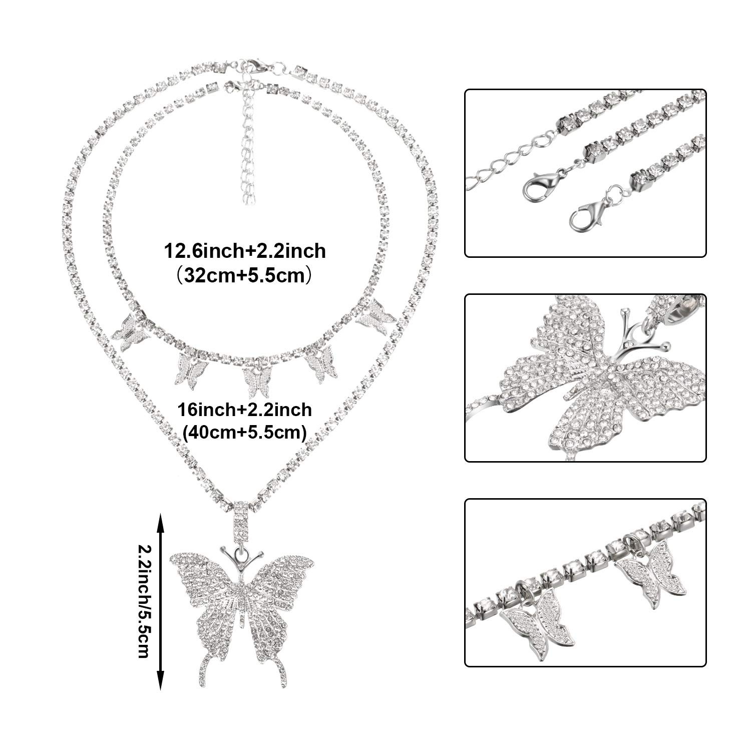 Hicarer Big Butterfly Pendant Necklace Rhinestone Chain Shiny Crystal Choker Pendant Collar Necklace and Butterfly Bracelet Butterfly Earrings Jewelry for Women