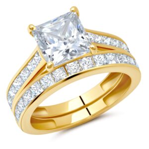 MAX + STONE 3.0 Carat Princess Cut Square Cubic Zirconia Engagement Ring with Wedding Band Set for Women in 10k Yellow Gold CZ (3.0 CT.TW) Size 7